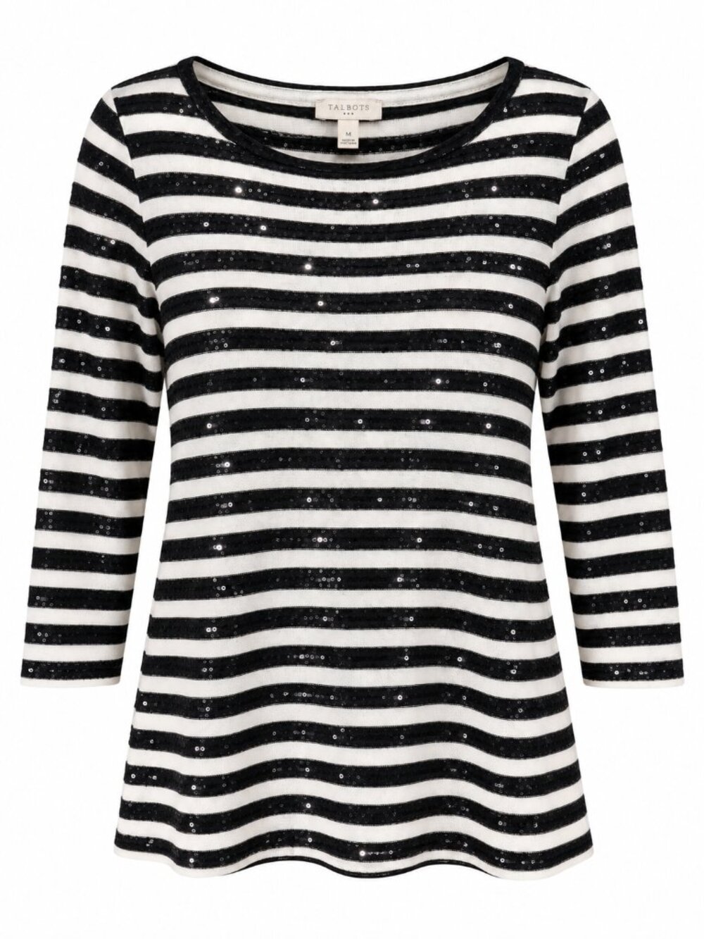 Talbots Black White Striped Sequin Scoop Neck Sweater Top M 3/4 Sleeves Women's